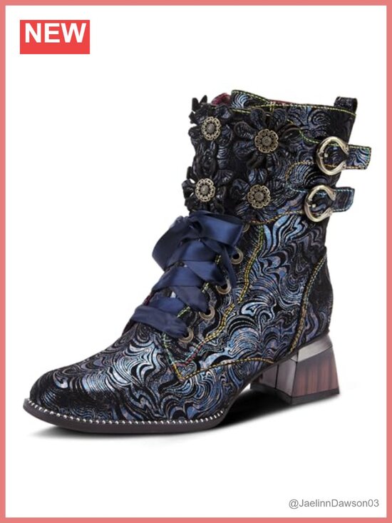 Shoes - Suede Mid-Calf Boots with Floral Applique Adjustable Fit Block Heel